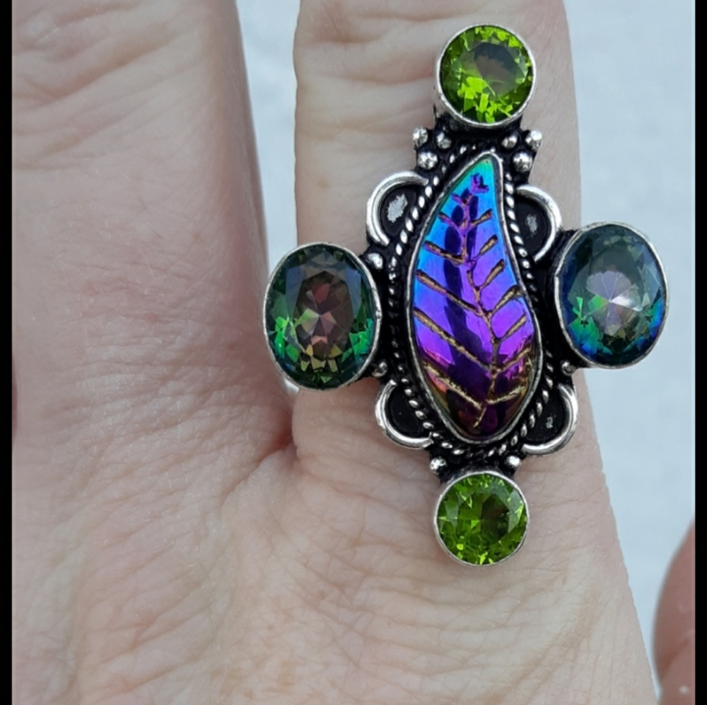 New Carved Rainbow Hematite, Peridot, Mystic Topaz 925 Silver Ring